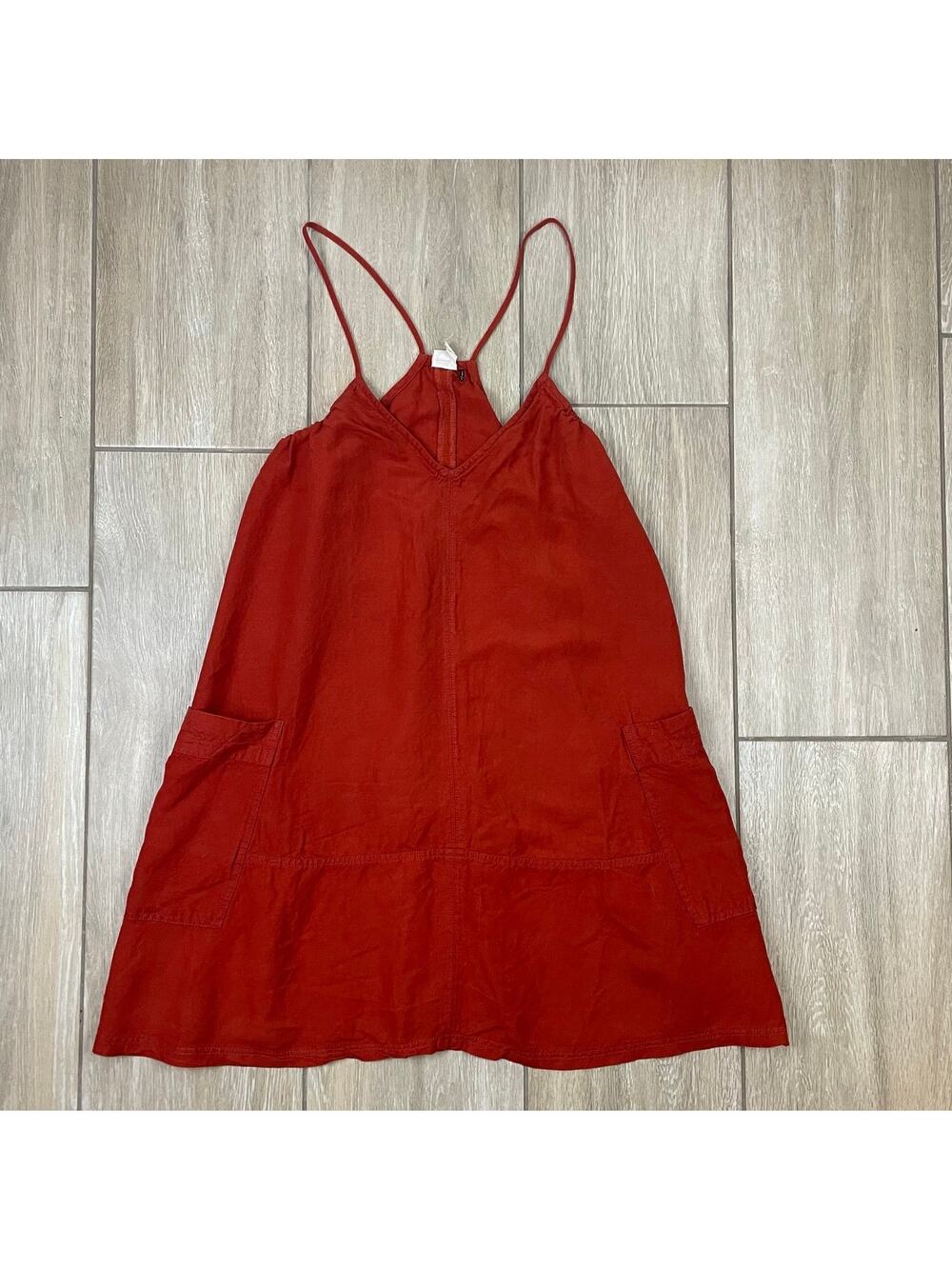 Akemi + Kin Linen Blend Swing Dress Womens Small Orange Red Pocket Sundress